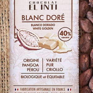 Chocolat blanc 40 % de cacao, sans lécithine, bio.