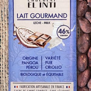 Chocolat au lait 46 % de cacao, sans lécithine, bio.