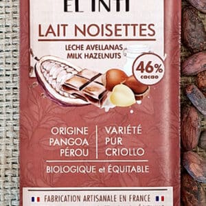 Chocolat au lait et aux noisettes, sans lécithine, bio.