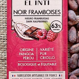 Chocolat noir à la framboise, sans lécithine, bio