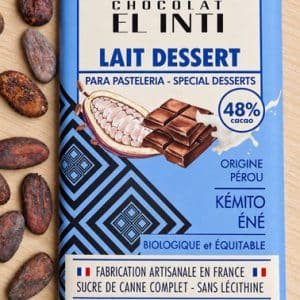 Chocolat au lait 48 % de cacao, sans lécithine, spécial dessert 200g bio.
