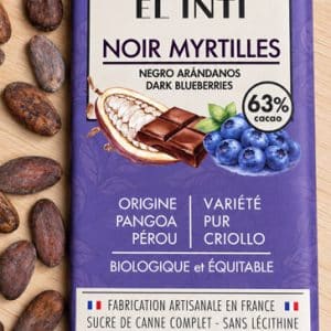 Chocolat noir aux myrtilles sauvages, sans lécithine, bio